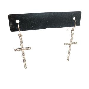Brand New Swarovski Crystal Cross Fish Hook Dangle Earrings Silver Tone
